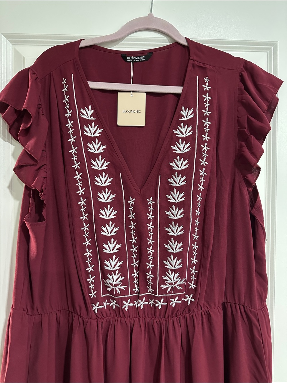 BloomChic Burgundy V-Neck Embroidered Ruffle Sleeve Dress - Picture 2 of 6